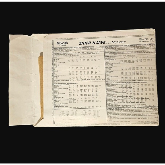 Sewing Pattern Uncut FF MCCALLS M5298 JACKET TOP SKIRT PANTS SIZE 14-20 - Picture 2 of 3